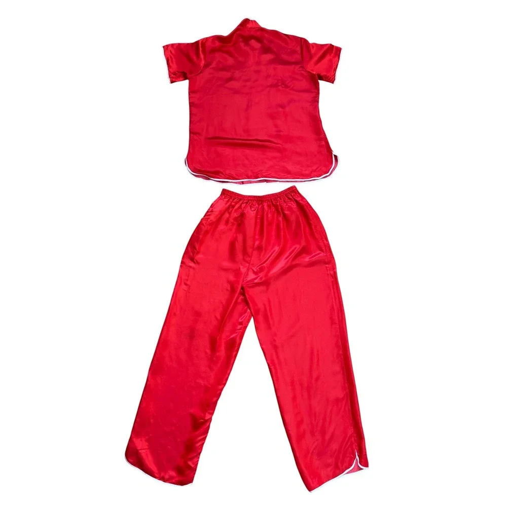 Vtg Golden Dragon Chinese Red Silk Blend Pajama Set Phoenix Embroidery 2pc